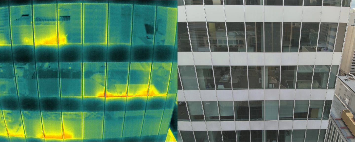 Drone infrared thermography of a curtain wall facade beside the same view in visible light
