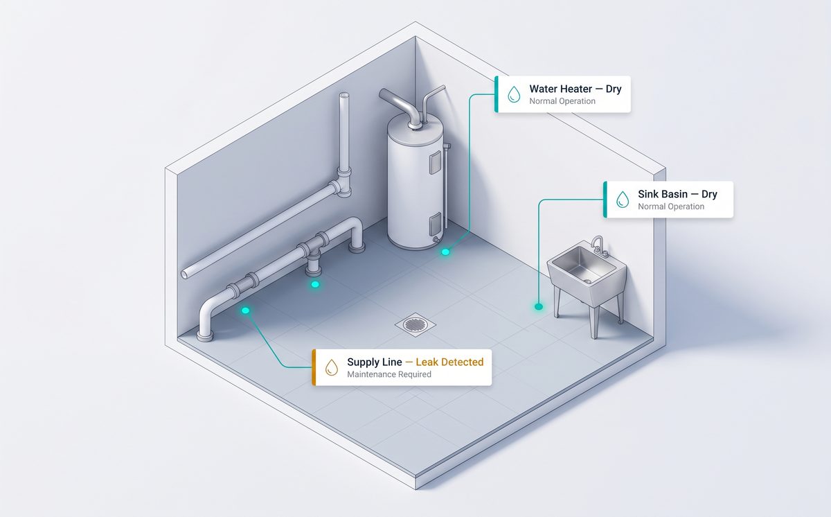 Rendering of water leak sensors placed in a mechanical and utility room